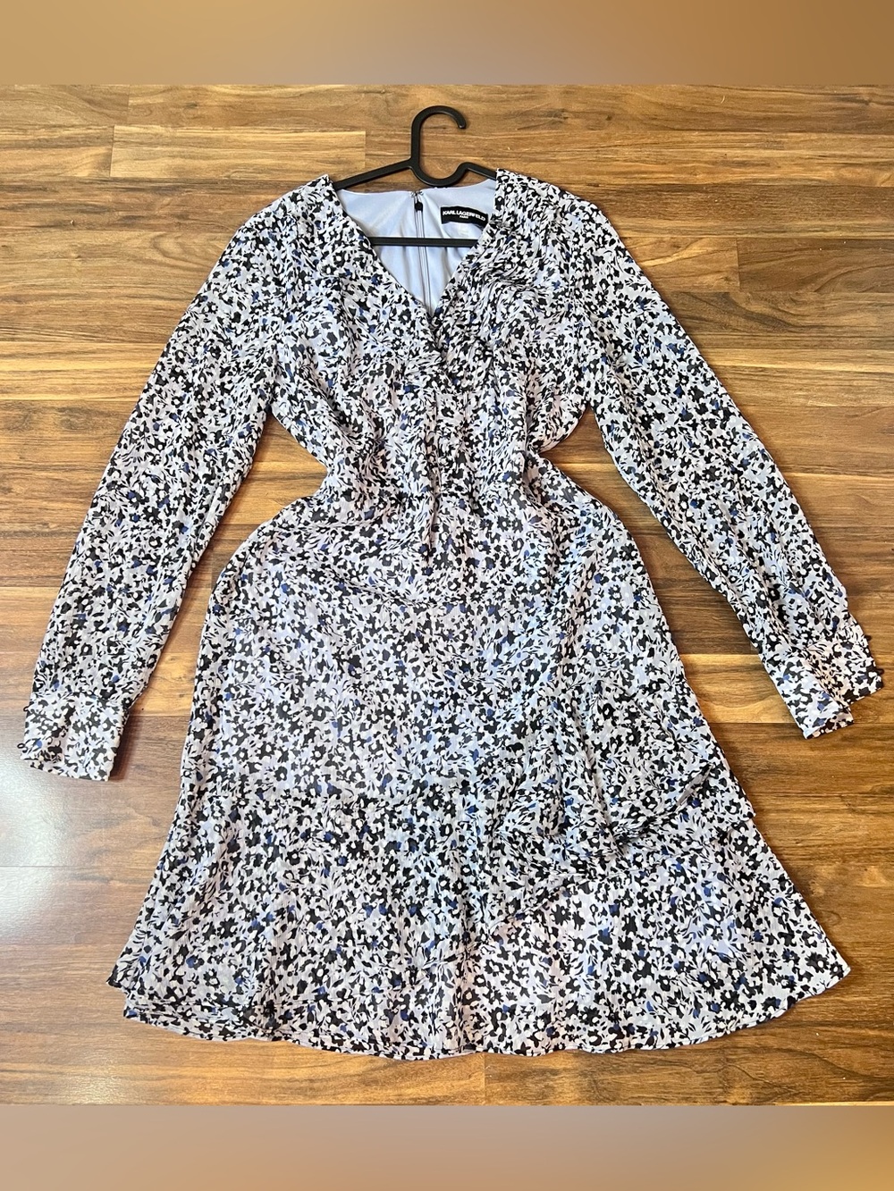 Karl Lagerfeld Paris  White Black and Blue Floral Long-Sleeve frill Dress